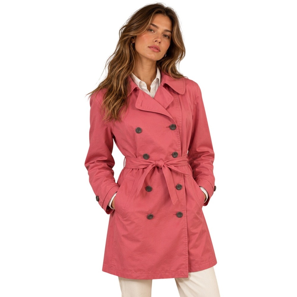 Garnet Hill Trench Coat Women XL Pink Cotton Belted Double Breasted Preppy Fall